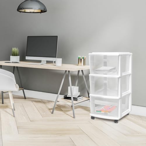 HOMZ Drawer Tower, 3-Tier Storage Cart with Removable Wheels, White Frame | Plastic Organizer with Clear Bin Drawers for Bedroom, Bathroom, Home Office, and Dorm Rooms - color: White, size: 1 Pack