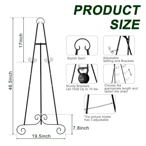 2 Pack 46'' Metal Round Tube Scroll Display Easel, Classic Black Decorative Large Adjustable Floor Standing Easel with Chain Support, Perfect for Showcasing Pictures, Artwork, Wedding Sign Etc