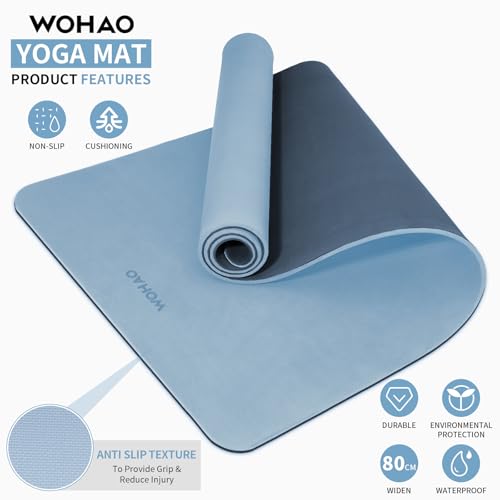 8mm Extra Wide 80cm Yoga Mat Non Slip | Spacious 80cm x 72" mat for tall users, gym, pilates. POE, reversible dual-color, non-slip, tear-proof, odorless, strap. - color: Blue-gray+Navy blue