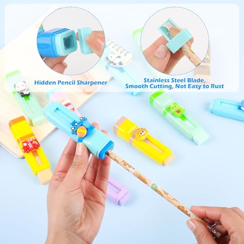 24 Pcs 2-in-1 Cute Retractable Eraser with Pencil Sharpener, Cute Kawaii School Supplies for Kids, Fun Cartoon Design for Classroom, Party Favors and Back to School Gifts