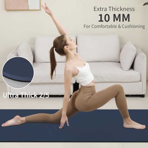 PAIDU POE Yoga Mat (10mm)Extra Thick Fitness Mat 72"x24" with Carry Strap | Non-slip, tear-resistant and suitable for all ages, perfect for yoga, Pilates, home gym and full-body workouts. - color: Navy blue & Black