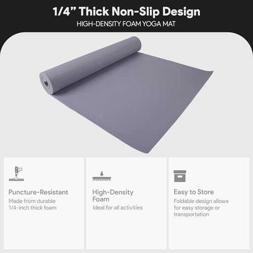 Fitvids All Purpose 1/4-Inch High Density Anti-Tear Exercise Yoga Mat with Carrying Strap, Multiple Colors - color: Gray
