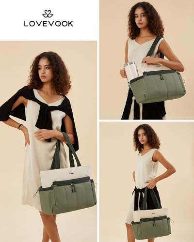 LOVEVOOK Puffer Laptop Bag for Women, Ultra-Lightweight Work Bag Tote w/Organized Compartments, 15.6/17.3“, for Travel&Work - color: Sage Green, size: 15.6 Inch
