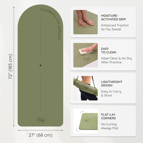 Premium PU Yoga Mat | Sweat-Activated Non-Slip Grip | Natural Rubber Base | Arch-Shaped Design with Carry & Stretch Strap | For Yoga, Pilates & Stretching & Workouts - color: matcha green