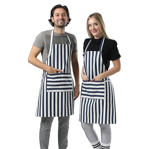 TOSHEX Kitchen Apron Cotton Waterdrop Resistant Adjustable Button Women Men | Premium Cotton Cooking Apron with Pocket. Striped, Gift, Navy Blue - color: Navy Blue