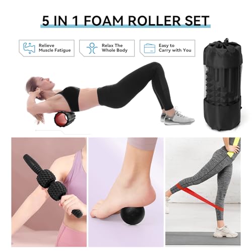 5 in 1 Foam Roller Set, High Density Patented Exercise Roller - color: Black