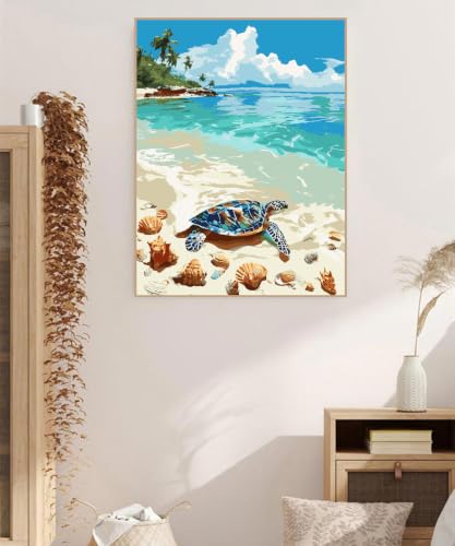 ZRIZQ Beach Paint by Numbers Kit for Adults Beginner,Turtle,16x20 | Full set with rich paints,wooden brushes,rolled canvas.Calming activity.Beginner friendly.Just open and paint. - color: 16"X20"Rolled Canvas-Beach Turtle