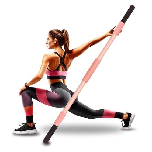 Pink Yoga Stick 58 Inch - Alloy Steel Stretching & Exercise Stick with Neck & Hand Pads, Shoulder Flexibility Tool for Yoga, Pilates & Home Gym Workouts