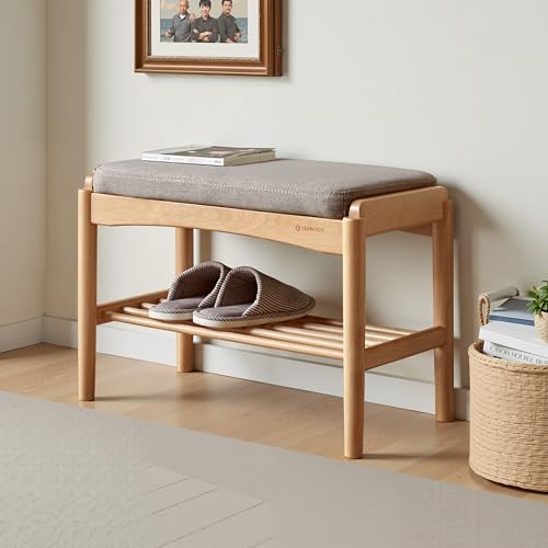 Oak Wood Shoe Bench, 24 Inch Entryway Bench with Gray Cushion - color: Natural + Gray Cushion, size: 23.62"