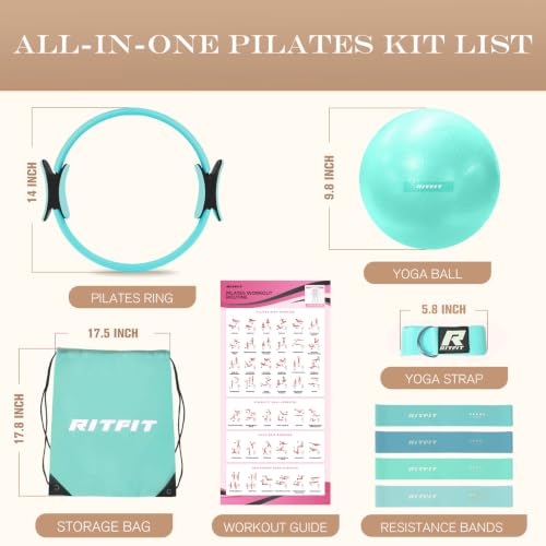 RitFit Pilates Ring 14 Inch Magic Fitness Circle for Inner Thigh Toning | Bonus Workout Guide & Storage Bag Included, Lightweight & Portable, Pilates Yoga Full Body Toning - style: Cyan Kit