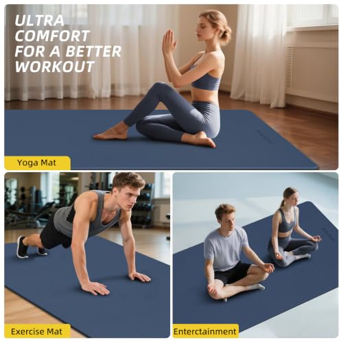 PAIDU Extra Long Wide Yoga Mat, (10mm) Thick Non-Slip Exercise Mat 76"x33" | large mat, ideal for yoga, Pilates & home gym, with non-slip grip & cushioning for all exercises. - color: Dark blue + Black