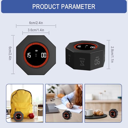 GuDoQi Digital Productivity Timer, Octagon Rotating Pomodoro Timers with Gravity-sensor, 1-3-5-15-30-60-90 Min Countdown, Portable Adjustable Sound Alert Multi Desk Timer or Study Task, Kitchen, Black - color: Black