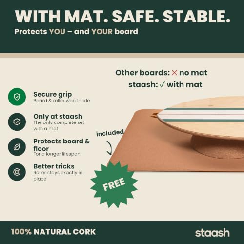 STAASH® Balance Board Full Kit – Premium Birch Wood Trainer with Cork Roller, Balance Disc, Massage Ball & Anti-Slip Mat – Core Strength, Surf, Snowboard & Rehab Training – All-In-One Set - color: Green roller