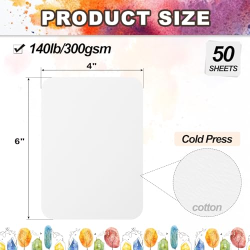 PATIKIL 50 Sheets Cotton Watercolor Paper 140lb/300 GSM Cold Press Water Coloring Paint Paper Round Corner for Art Painting Watercolor Drawing Artist, 4x6 Inch - size: 4x6 Inch