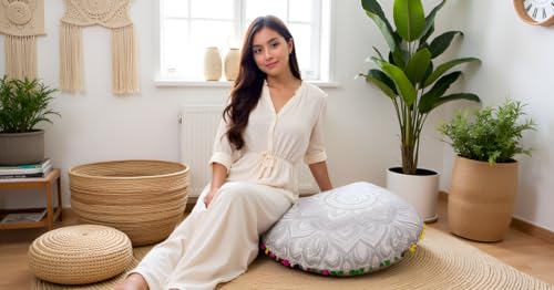 Round Mandala Floor Pillow Cover Seating Cushion Throw Cover Hippie Decorative Bohemian Ottoman Pouf Cover, Pom Pom Pillow Cases,Boho Indian 32 Inches Matellic Silver - color: Metallic Silver, size: 32" Round