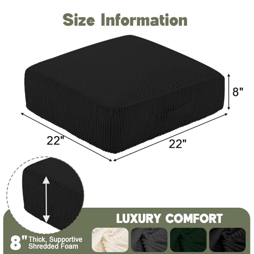 Meditation Floor Pillow for Adults, 8" Extra Thick Floor Cushion - color: Black, size: 22x22x8 inch