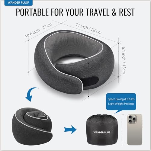 Wander+®Travel Neck Pillow, Pure Memory Foam Neck Pillow for Airplanes, Comfortable Breathable Cover, 360 Degree Support Ergonomic Design Best for Sleeping Plane Train Travel Essentials Max Black - color: Black