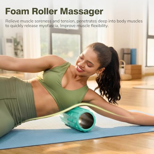 5 in 1 Foam Roller Set for Muscle Recovery & Deep Tissue Massage | Textured Grid Foam Roller with Massage Stick, Massage Ball, Resistance Band for Back Pain, Physical Therapy, Green - color: Green