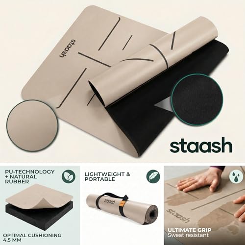 STAASH Premium Yoga Set – PU & Natural Rubber Mat + Towel + Strap + Knee Pad – Non-Slip Grip, Eco-Friendly, Studio Quality - color: Sand beige
