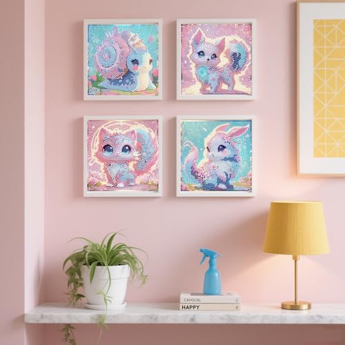 FlyingMage 5D Diamond Art Kits for Adults,Kawaii DIY Painting Art for Women, 4 Pack Cute Diamond Arts and Crafts Sets,Diamond Art Mosaic Kits,Big Gem Full Drill Diamond Dots, Fox Cat Rabbit Snail - color: Pink&Blue Fox+Cat+Rabbit+Snail