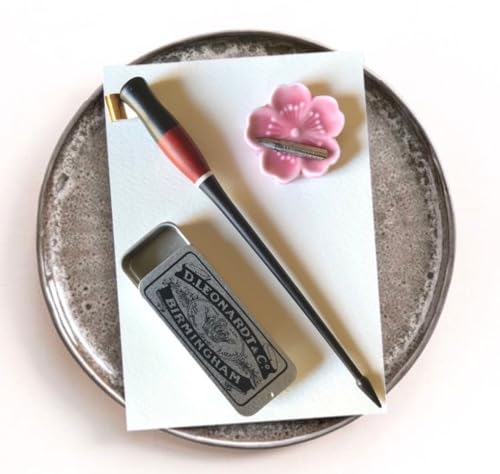 Oblique Calligraphy Pen Set – Hand-Adjusted Brass Flange, Dinky Dip Ink Wells, Ceramic Pen Rest, & Moon Palace Sumi Ink for Copperplate & Modern Calligraphy - style: Oblique Pen Set w/ Cherry Blossom Rest