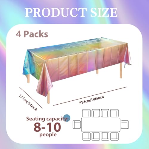 OQOQ Pastel Gradient Iridescent Tablecloth (4 Packs) - 108x54 Inches Rainbow Plastic Table Cloth Disposable Table Cover for Birthday Baby Showers Bridal Showers Princess Theme Party Decorations - color: Pastel Gradient