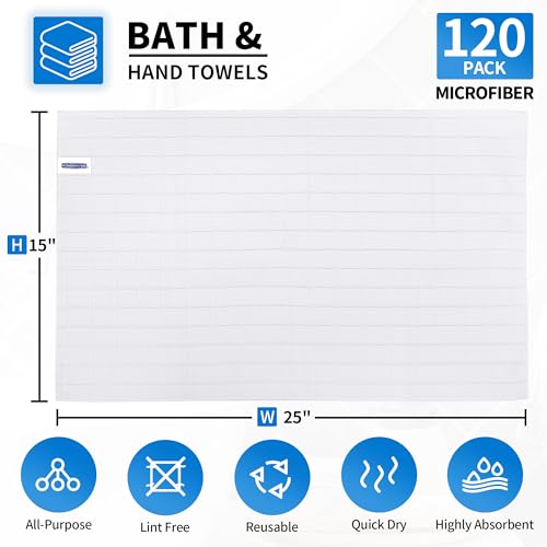 Hand Towels, 120 Pack 25''*15'' White Microfiber Kitchen Bathroom Hand Towels, All-Purpose Quick Dry Lint Free Soft Absorbent Bulk Checkered Washcloth Bath Towels for Travel Gym Hotel - color: White, size: 120 Pack