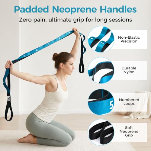 Slim Panda Stretching Strap with Loops - Non-Elastic Heavy Duty Nylon Yoga & PT - Oversized Multi-Loop Home Rehab - Hamstring Shoulder Pilates Flexibility - color: Blue