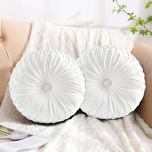 HIG Set of 2 Off White Velvet Decorative Round Pleated Throw Pillows - color: Off White