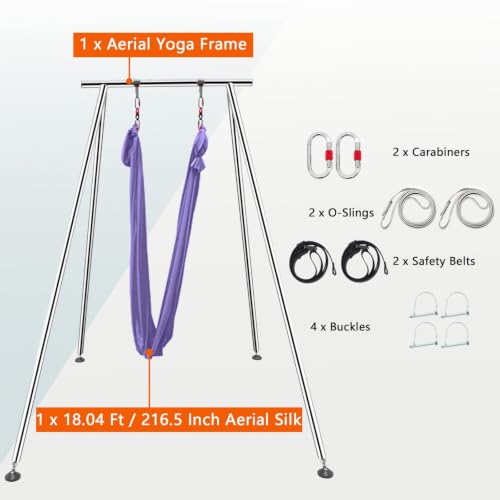TECSPEC 9.6 FT/115.3 Inch Adjustable Height Aerial Yoga Frame & Hammock, Professional Swing Stand with 18 FT/33FT Aerial Silk, 550lbs Max Capacity - color: Purple