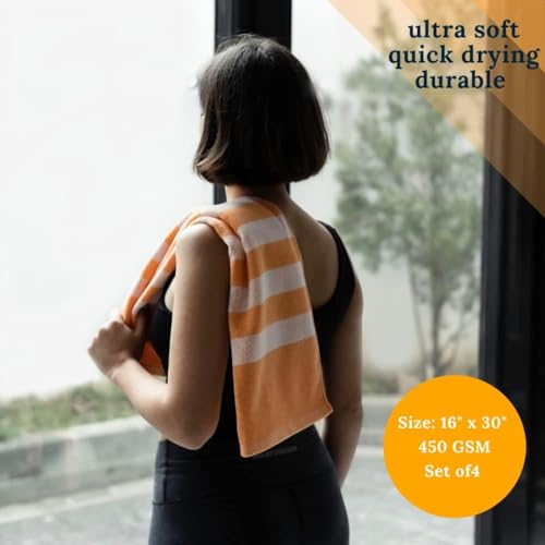 Luzia Striped Workout Towel for Sweat (Pack of 4) - Premium Quality 100% Turkish Cotton - Lightweight and Super Absorbent for Exercise, Sports, Workout, Fitness, Gym, Yoga, Running (Orange) - color: Papaya - White, size: Set of 4