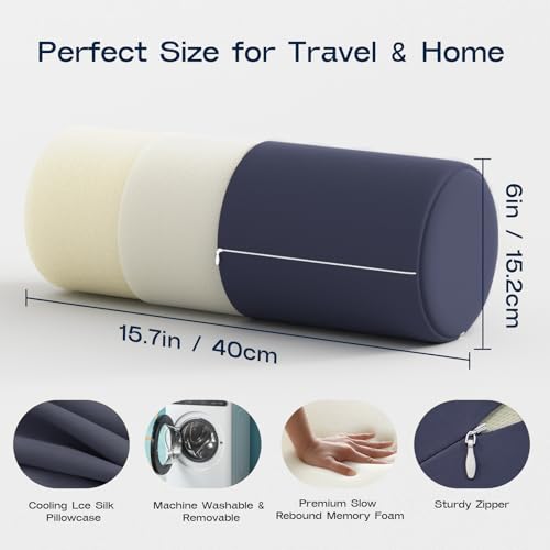 Neck Roll Pillow for Neck Pain Relief - Memory Foam Neck Support Pillow for Bed | Round Neck Pillow for Sleeping, 15.7 * 6 * 6inch ((Navy-Blue) - color: Navy Blue, size: Large - 6.0" H