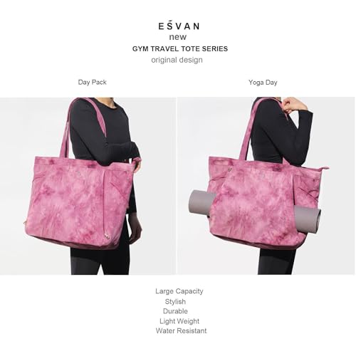 ESVAN Corduroy Yoga Tote Bag Gifts for Women Drawstring Yoga Mat Bag for Office Workout Travel Carryall Pilates Gym - color: Purple Pink Tie-dyed