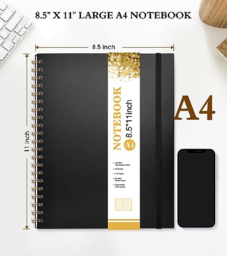 Spiral Notebook Journal 8.5” x 11”, A4 Large Notebooks for Women Men, College Ruled Lined Journal, 100 GSM Paper, Plastic Hardcover Spiral Bound Journals for Work School Note Taking Business, Black - color: Black, size: Line