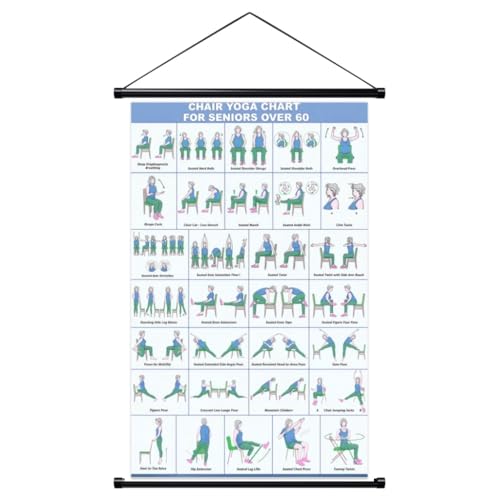 Chair Yoga Wall Chart 16.8*39.4"-31Poses for Seniors & Beginners – Fabric Poster with Hanging Rod & Rope – Durable, Foldable, and Easy to Display in Home or Office – Stretching & Mobility Guide