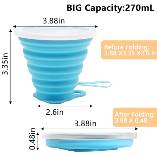 Litoexpe 4 Pack Silica gel Collapsible Travel Cup 270ml, Style 3 | Yellow & Orange & Blue & Green, with Lids, Portable Folding Camping Cup, for Camping and Travel - color: Yellow & Orange & Blue & Green