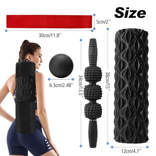 5 in 1 Foam Roller Set High Density Patented Foam Roller for Exercise | Foam Roller Massage Stick, Massage Ball, Resistance Band for Deep Muscle Massage Yoga Trigger Point Release Black Diamond - color: Black Diamond