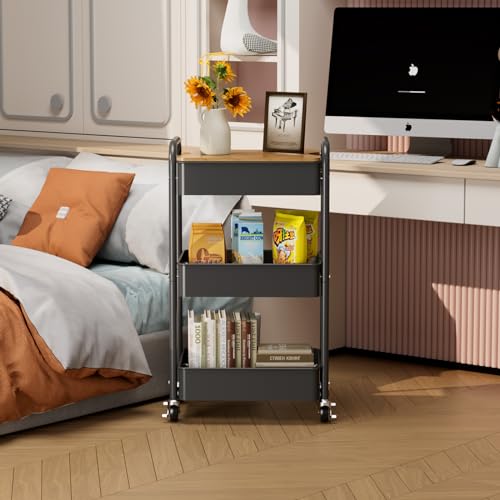 3-Tier Rolling Cart with Table Top, Metal Utility Cart on Wheels | Sturdy Storage Organizer Cart with Lockable Wheels&Hooks for Craft, Office, Classroom, Kitchen and Bathroom, Black - color: Black