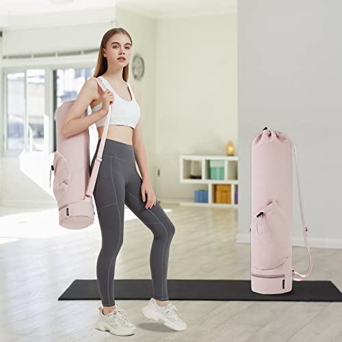sportsnew Yoga Mat Bag Drawstring Pocket-Full Zip Cargo Yoga Mat Carrier Bag with Water Bottle Pocket and Bottom Wet Pocket Exercise Yoga Mat Carrier Multi-Functional Storage Bag, Pink & Pink