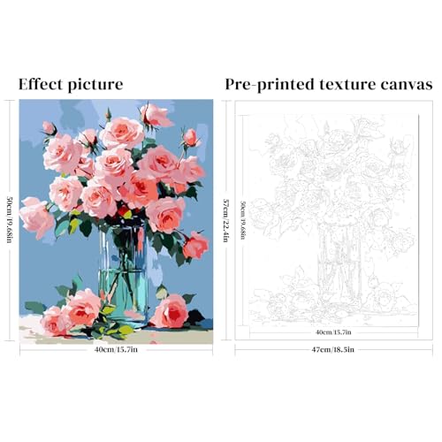 Flowers Paint by Numbers Kit for Adults, Floral in Glass Vase, 16x20 Inch | Paint by Numbers Kit for Adults, Pink Roses in Glass Vase, Pre-Printed Canvas, 16x20 Inch, Floral Still Life - color: B2-Flower