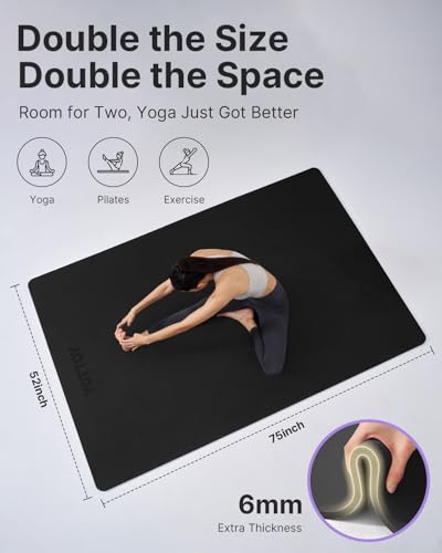 YOTTOY Large Yoga Mat (75 * 52 * 1/2inch),Extra Wide TPE Exercise Mat,Non-Slip Workout Mat for Pilates, Fitness, Barefoot, Home Gym Studio with Strap and Towel - color: Black, size: 75*52*1/4inch