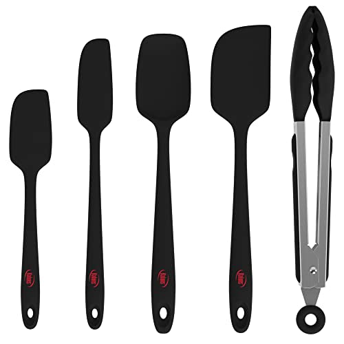 Kaluns Silicone Spatula Set, 4 Rubber Spatulas 600°F Heat Resistant, Nonstick Seamless Design with Stainless Steel Core, Dishwasher Safe, BPA free, Bonus Tongs Included - color: 4 Pcs + Tongs Black