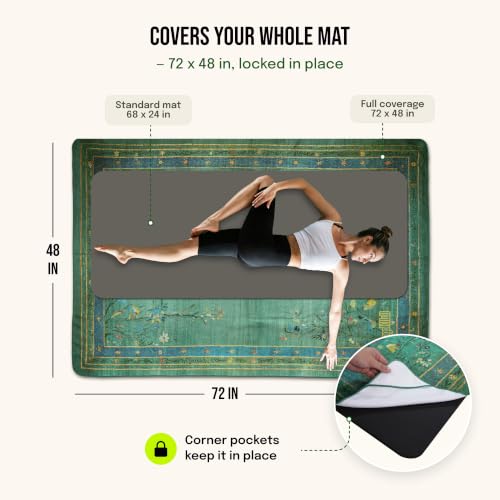 Gogokiwi Yoga Mat and Towel Set, 72 x 48 in, 1/2 in, Non Slip for Hot Yoga | Extra large, covers whole mat, 4 corner pockets, washable microfiber, rug-style print, hot yoga, home workout, home decor - color: Eden Green & Blue