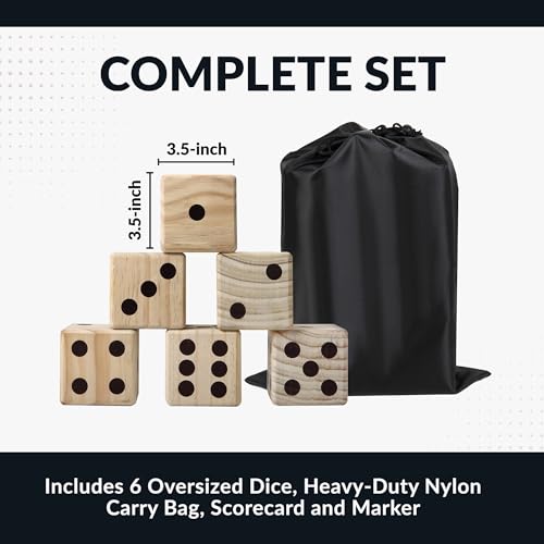 Hathaway High Roller yd Dice Set with 6 x 3.5-in Wooden Dice & Black Nylon Storage Bag, Reusable Scorecard Included yd Dice, Wood