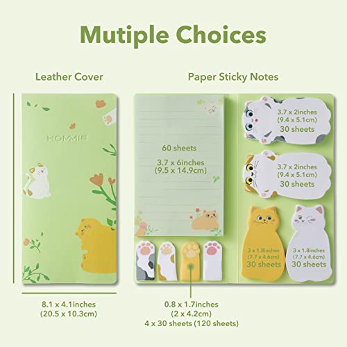 Hommie Cat Sticky Notes Set, Cute Sticky Note Animal Divider Tabs Bundle Writing Memo Pads Page Marker, Sticky Notes Pads for Cat Lovers Kids Office School Supplies Creative Gifts - color: Cat(green Background)