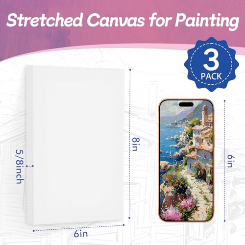 ESRICH Small Canvases for Painting 6x8in, 3 Pack Stretched Canvases for Painting 5/8" Profile Primed Acid Free Painting Canvas for Kids for Oil Paint, Watercolor, Acrylic Paint, Gouache, Tempera. - size: 6x8in