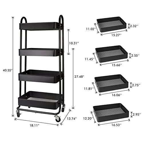 elabo 4-Tier Metal Mesh Utility Rolling Cart, Storage Organizer Trolley Services Cart with Lockable Wheels for Kitchen, Bathroom, Living Room (Black) - color: Black