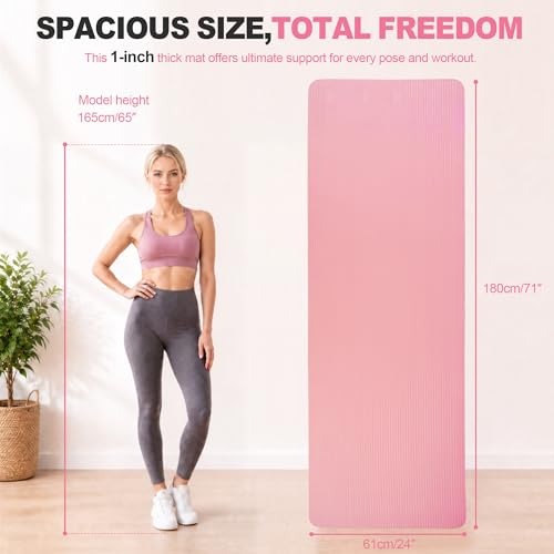 HULKFIT High Density Non Slip Yoga Mat, Extra Thick Exercise Mat with Carrying Strap, for Pilates, Fitness, Home Gym & Floor Workouts - Multiple Thickness & Multiple Color - color: Pearly Pink, size: 71"L x 24"W x 1"Th