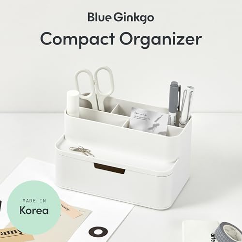 BLUE GINKGO Compact Desk Organizer, White, Made in Korea | 5 Compartments. Half Drawer. Space-Saving. - color: WHITE, size: Compact
