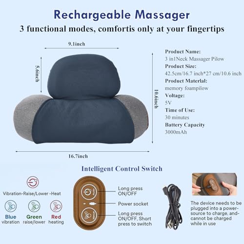 3 in 1 Heated Neck Massage Pillows with Heat for Pain Relief Deep Tissue, Cervical Neck Hump Corrector, Plug-in Pillow Supports